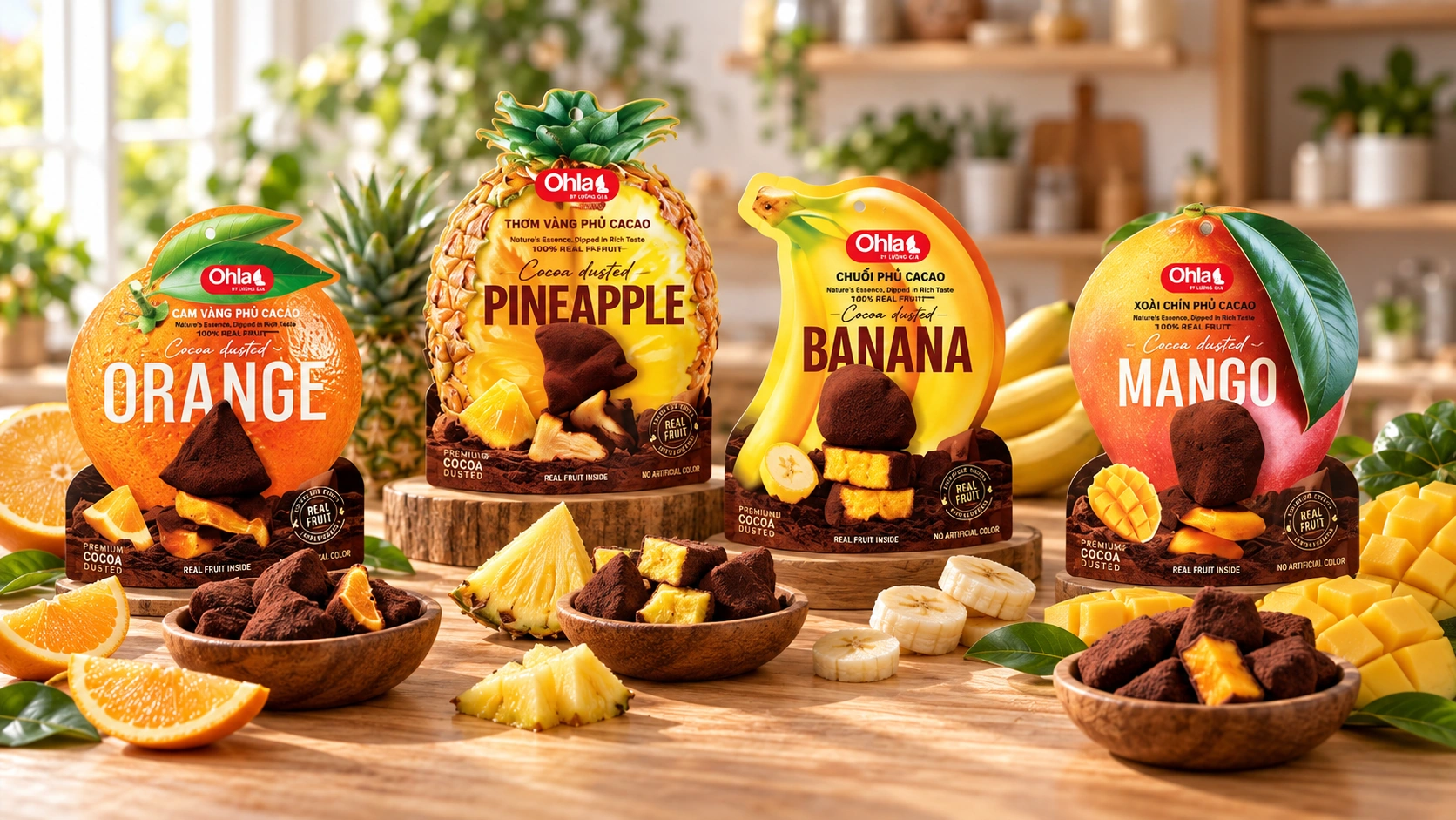 Cocoa-Dusted Fruit arranged on a wooden table
